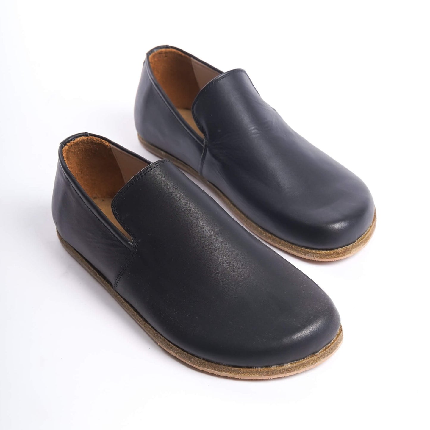 Pair of Aeolia Leather Barefoot Women Loafers in Black - Top View Highlighting the Smooth Genuine Leather Finish.