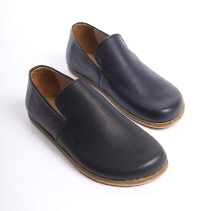 Pair of Aeolia Leather Barefoot Women Loafers in Black - Top View Highlighting the Smooth Genuine Leather Finish.