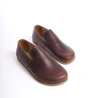 Pair of Aeolia Leather Barefoot Women Loafers in Brown - Top view highlighting the smooth genuine leather finish.