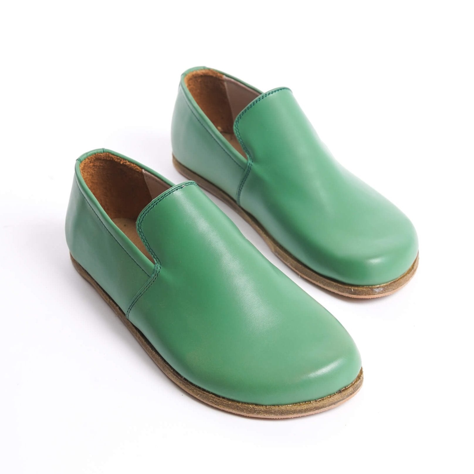 Aeolia green leather barefoot women loafers, featuring a minimalist and comfortable design.