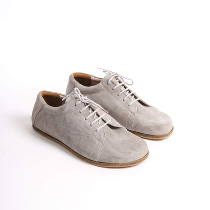 Gray suede Lydia Leather Barefoot Men Sneakers with natural fit and wide toe box.