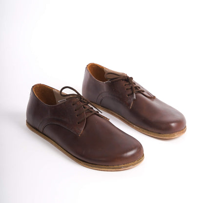 Locris Leather Barefoot Men's Oxfords in brown, displayed side by side, showcasing their sleek design and high-quality leather.