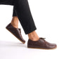 Close-up of Locris Leather Barefoot Men's Oxfords in brown, highlighting the genuine leather and minimalist design.