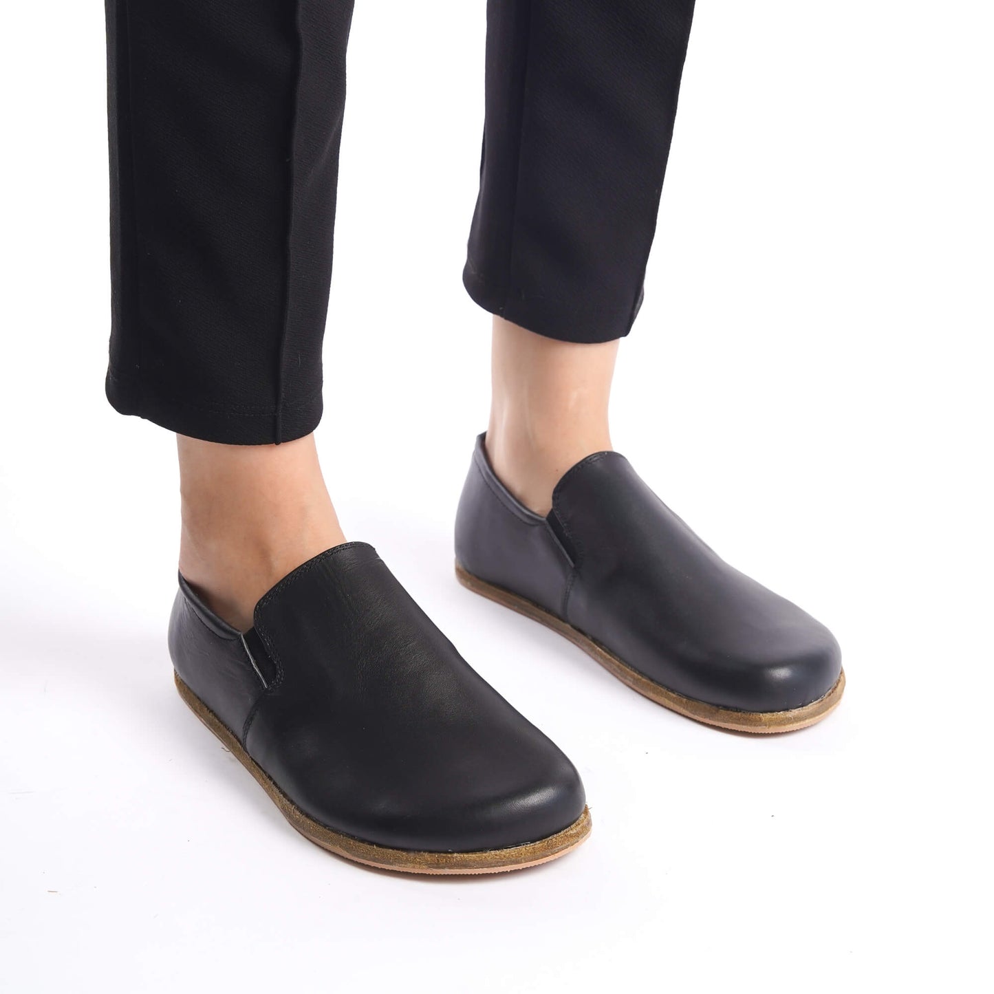 Ionia Black Leather Loafers - Front View with Outfit