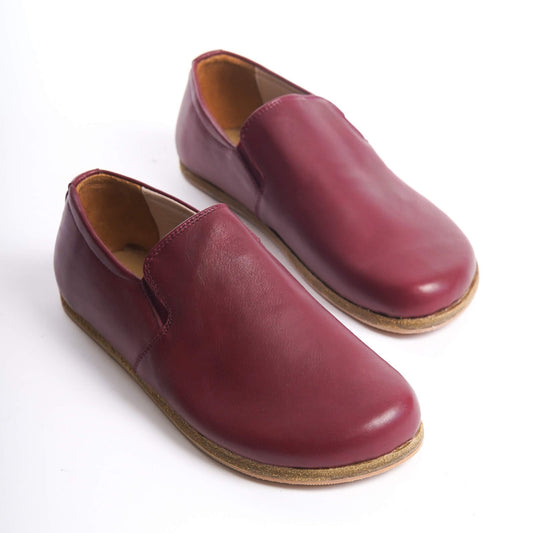 Ionia Leather Barefoot Women Loafers in Burgundy with natural, breathable design for foot health.