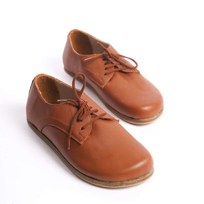Top view of Locris Tan Brown Leather Barefoot Women Oxfords, showcasing classic design and premium genuine leather.
