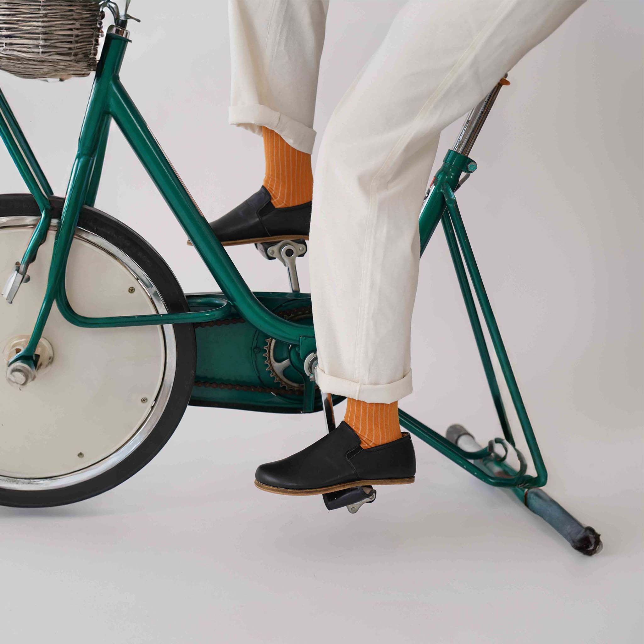 Casual Style with Black Ionia Loafers on Exercise Bike