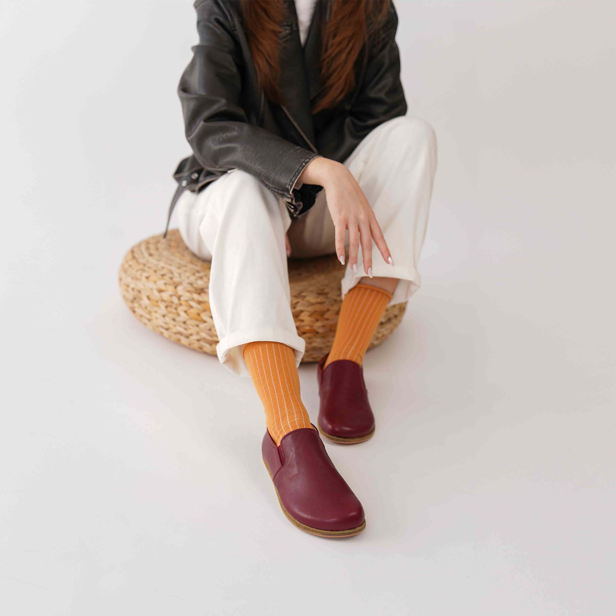 Ionia Leather Barefoot Women Loafers in Burgundy for a natural, comfortable fit.