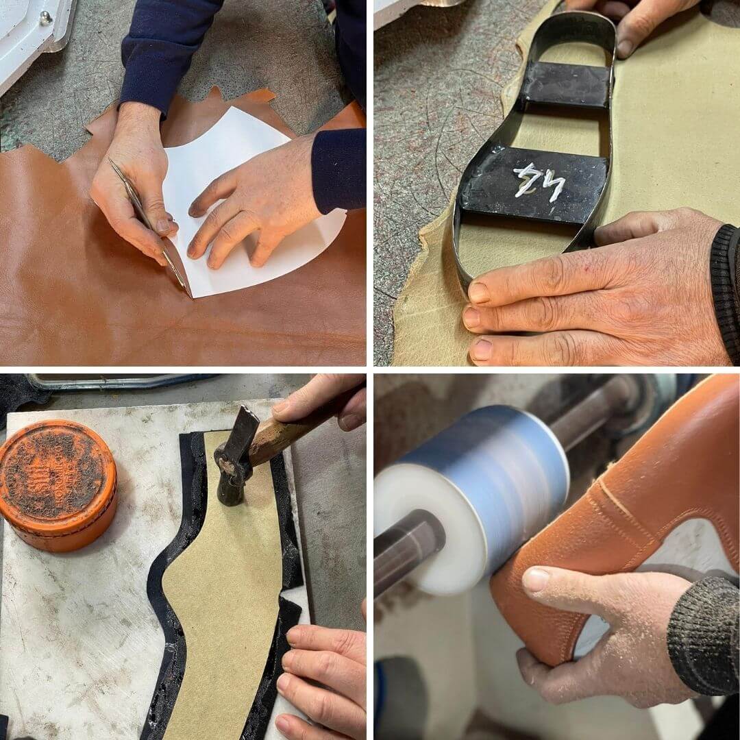 Four-step collage showing the process of making leather shoes by hand.
