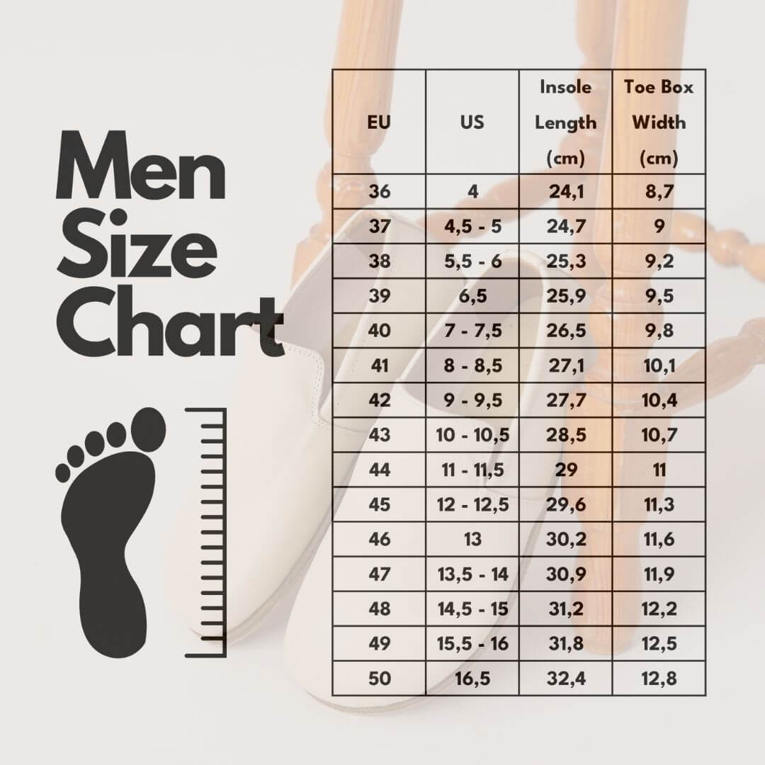 Men's shoe size chart for Pelanir barefoot shoes, showing EU, US sizes, insole length, and toe box width.