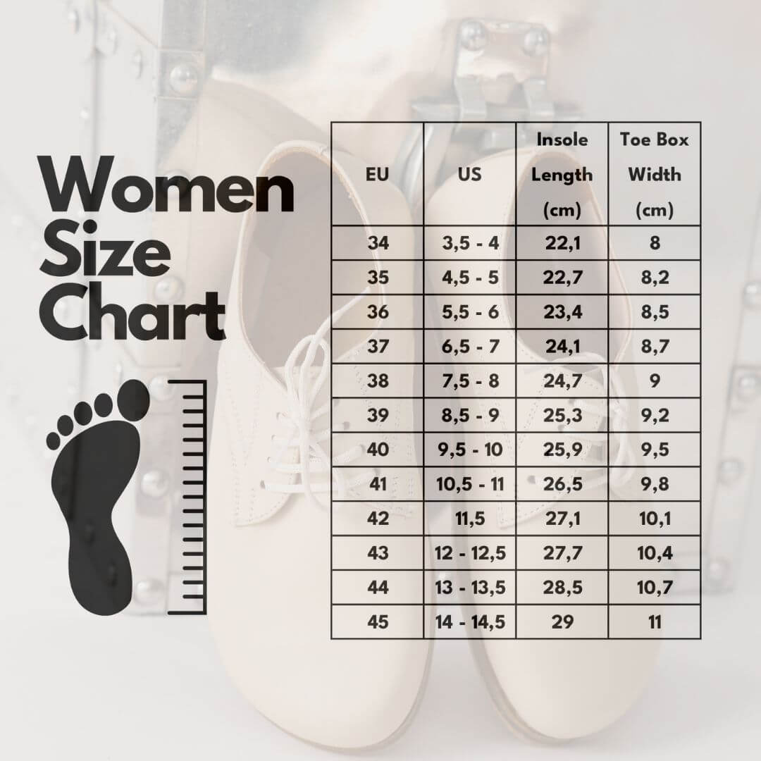 Women's shoe size chart for Pelanir barefoot shoes, showing EU, US sizes, insole length, and toe box width.